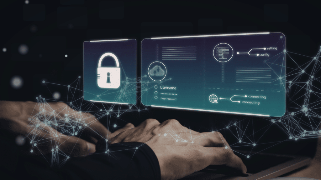 Hands typing on a laptop with floating cybersecurity login and network security interface graphics, representing secure business IT systems and data protection.